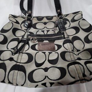 Coach Poppy Metallic Signature Shoulder Black Grey Silver Handbag Purse Pre-own